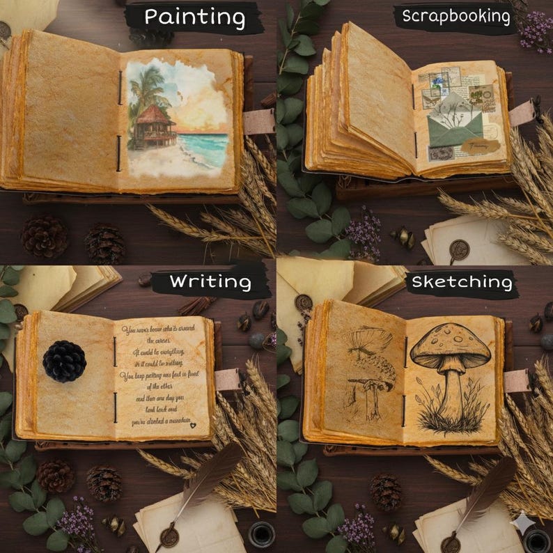K&ouml;nnte beinhalten: Vier offene Vintage-Journale mit verschiedenen Themen: Malen, Scrapbooking, Schreiben und Skizzieren. Das Maljournal zeigt eine Strandszene. Das Scrapbooking-Journal hat Briefmarken und einen Umschlag. Das Schreibjournal hat Text und eine schwarze Blume. Das Skizzenjournal hat Pilzzeichnungen.
