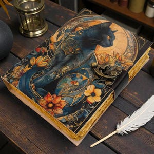 May include: A decorative journal with a black cat illustration on the cover, featuring orange and yellow floral accents. The journal has a clasp closure and aged-look pages. A white feather and lit candle are nearby.
