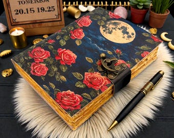 Celestial Moon Rose Leather Journal – Handmade Vintage Notebook, Lock Diary, Witchy Gift for Her