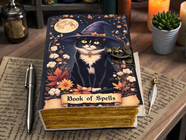 May include: A decorative journal titled "Book of Spells" features a black cat wearing a witch hat, set against a starry night sky with a full moon. The journal has a clasp closure and aged-looking pages.