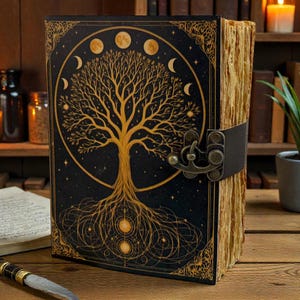May include: A black journal with a gold tree of life design and moon phases. The journal has a leather strap closure and aged paper pages. The cover is decorated with intricate gold patterns. The journal is on a wooden surface.