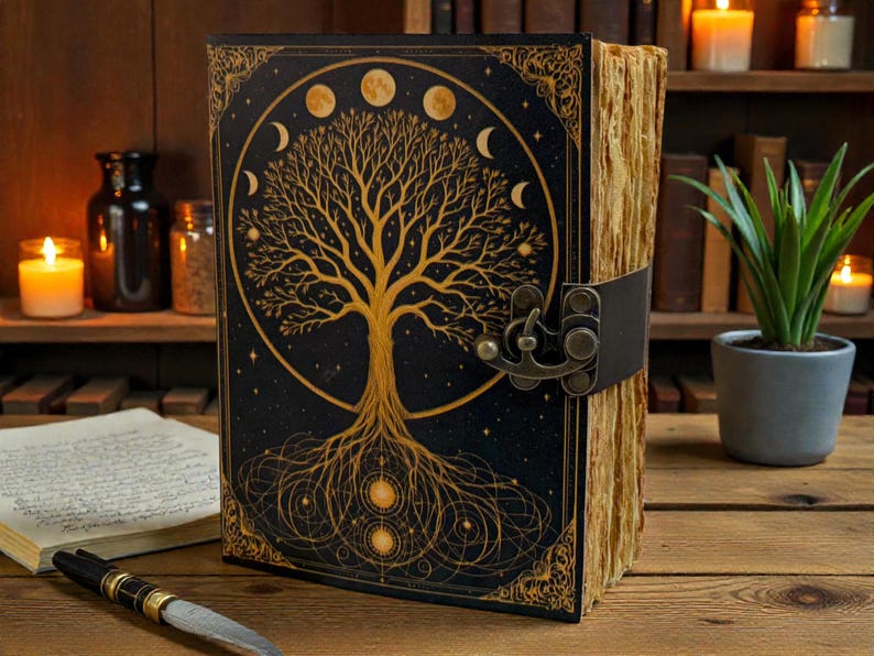 May include: A black journal with a gold tree of life design and moon phases. The journal has a leather strap closure and aged paper pages. The cover is decorated with intricate gold patterns. The journal is on a wooden surface.