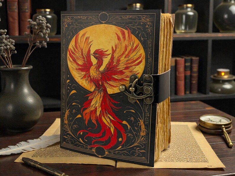 Peut inclure: Un journal de style vintage avec une illustration de ph&eacute;nix sur la couverture. La couverture est noire avec une bordure dor&eacute;e et une grande image d'un ph&eacute;nix rouge, orange et jaune sur un soleil jaune. Le journal est reli&eacute; par une sangle en cuir noir et un fermoir en m&eacute;tal.