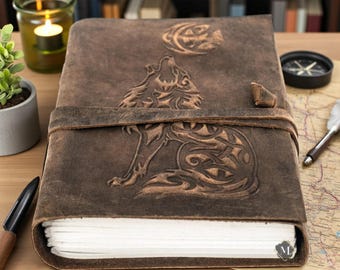 Handbound Wolf Embossed Leather Journal – Rustic Travel Notebook with Strap unlined journal for gifts