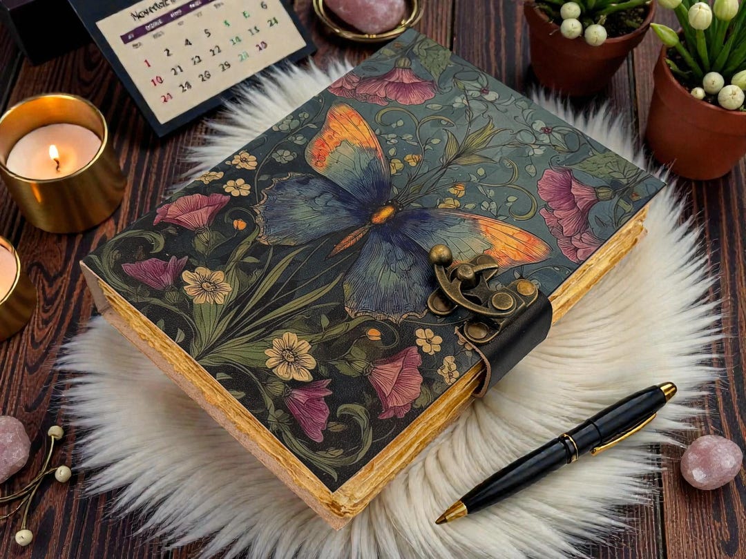 Butterfly Leather Journal With Lock – Handmade Vintage Floral Notebook ...