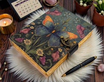 Journal papillon en cuir avec cadenas - Carnet floral vintage fait main, journal païen wicca, cadeaux célestes pour elle et lui