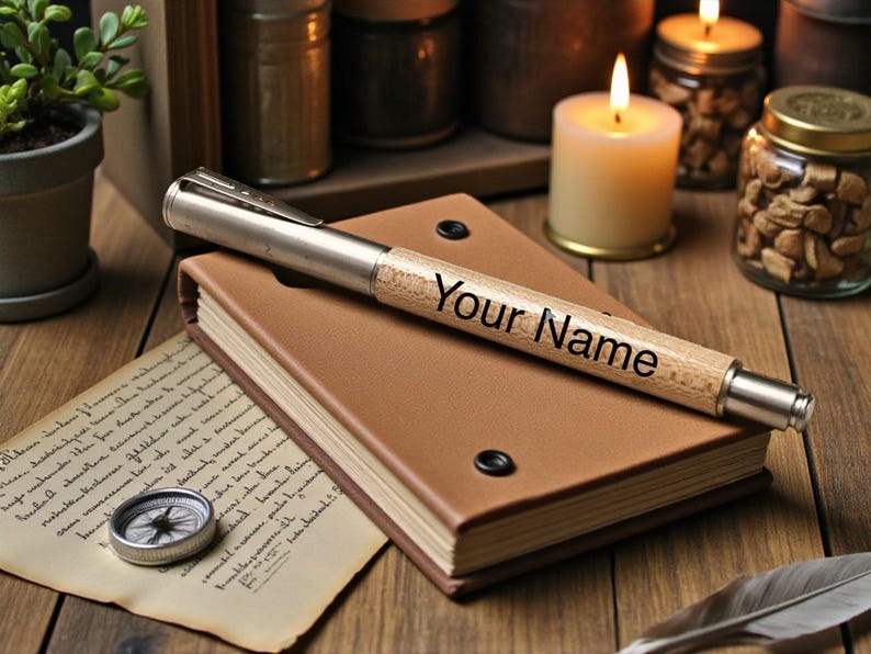 K&ouml;nnte beinhalten: Ein personalisierter Stift mit dem Text "Your Name" auf dem Holzschaft liegt auf einem braunen, ledergebundenen Notizbuch. Ein Kompass, ein handgeschriebener Brief, Kerzen und Gl&auml;ser befinden sich im Hintergrund und erzeugen eine Vintage-&Auml;sthetik.