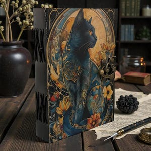 May include: A decorative journal with a black cat illustration. The cover features a detailed design of a black cat with yellow eyes, surrounded by flowers and ornate patterns. The journal has a metal clasp and stitched spine.
