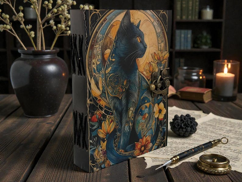 May include: A decorative journal with a black cat illustration. The cover features a detailed design of a black cat with yellow eyes, surrounded by flowers and ornate patterns. The journal has a metal clasp and stitched spine.