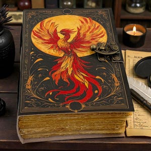 Peut inclure: Un journal d&eacute;coratif avec une illustration de ph&eacute;nix sur la couverture. La couverture est noire avec des d&eacute;tails dor&eacute;s et un fermoir en laiton. Le ph&eacute;nix est repr&eacute;sent&eacute; en rouge, orange et jaune sur un soleil jaune.