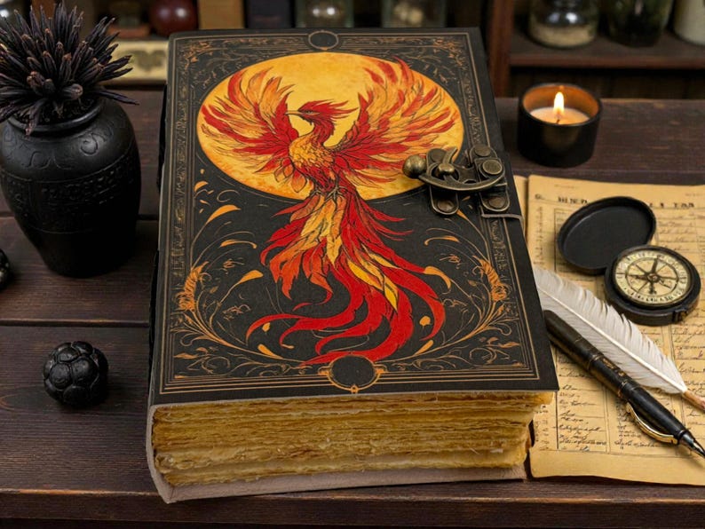 Peut inclure: Un journal d&eacute;coratif avec une illustration de ph&eacute;nix sur la couverture. La couverture est noire avec des d&eacute;tails dor&eacute;s et un fermoir en laiton. Le ph&eacute;nix est repr&eacute;sent&eacute; en rouge, orange et jaune sur un soleil jaune.