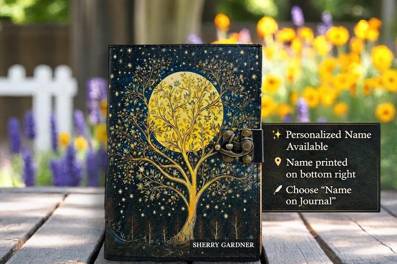 May include: A decorative journal with a tree and moon design. The cover features a large yellow moon and a tree with intricate branches against a dark blue background with stars. The journal has a metal clasp and the name SHERRY GARDNER is printed on the bottom.