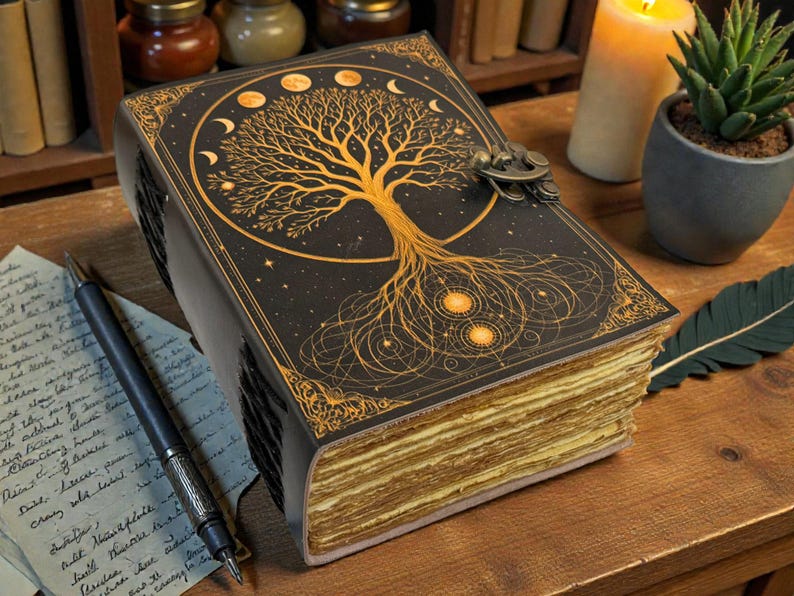 May include: A large, antique-style journal with a black cover featuring a gold tree of life design, moon phases, and stars. The pages have a golden hue. A pen and handwritten notes are on the wooden surface.