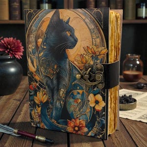May include: A decorative journal with a black cat illustration on the cover. The cover features a detailed design with floral elements and a clasp closure. The journal has aged-looking pages and is set on a wooden surface with a pen and flowers.