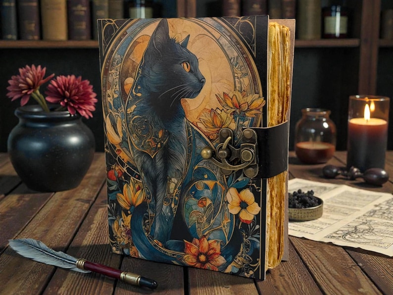 May include: A decorative journal with a black cat illustration on the cover. The cover features a detailed design with floral elements and a clasp closure. The journal has aged-looking pages and is set on a wooden surface with a pen and flowers.