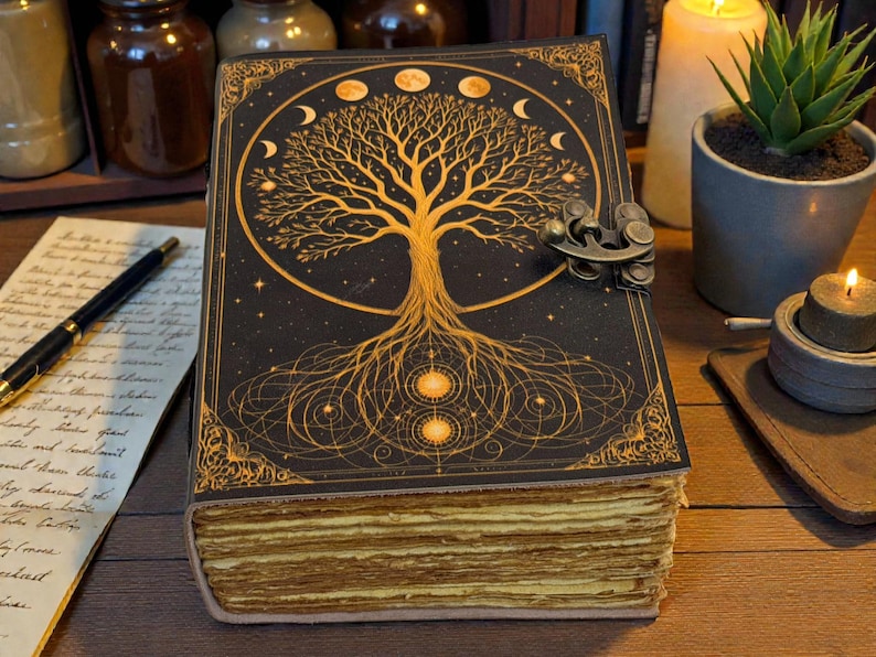 May include: A detailed journal with a tree of life design on the cover. The cover is black with gold accents, a metal clasp, and a celestial design. The pages are aged, and the journal is open, revealing the textured paper.