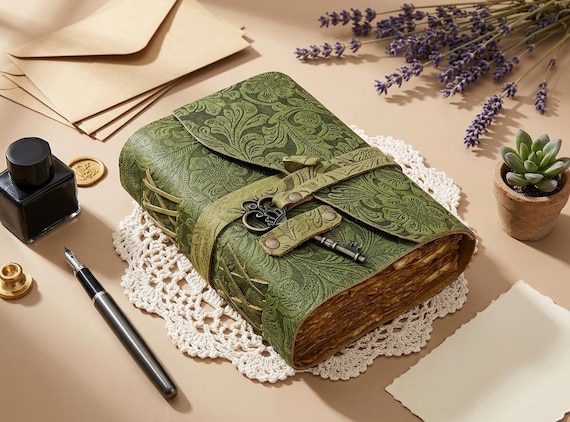 Personalized Floral Embossed Leather Journal with Key, Rustic Travel Vintage Diary, Handmade Notebook