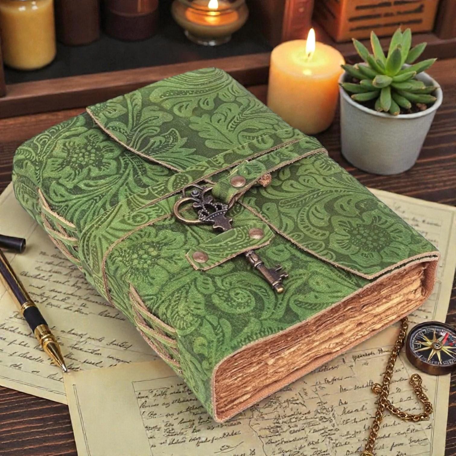 Handbound Green Flower Leather Journal With Key Embossed Vintage Diary ...