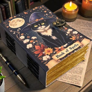 May include: A decorative book titled "Book of Spells" featuring a black cat wearing a witch hat. The cover is dark blue with a full moon and floral accents. The book has aged, yellowed pages and is on a wooden surface.