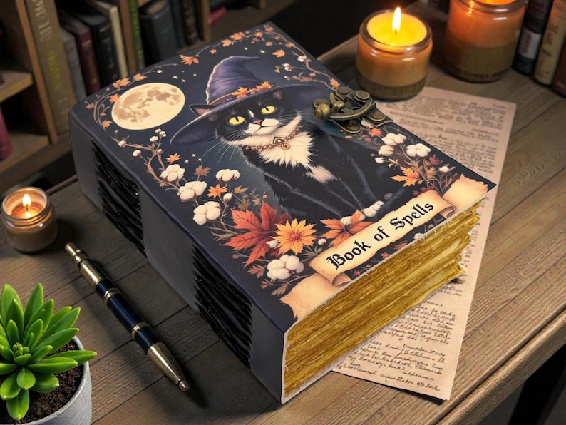 May include: A decorative book titled "Book of Spells" featuring a black cat wearing a witch hat. The cover is dark blue with a full moon and floral accents. The book has aged, yellowed pages and is on a wooden surface.
