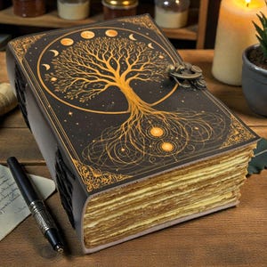 May include: A large, leather-bound journal with a detailed gold tree of life design on the cover. The cover is black with gold accents and a metal clasp. The pages are aged and textured. A pen and paper are next to the journal.