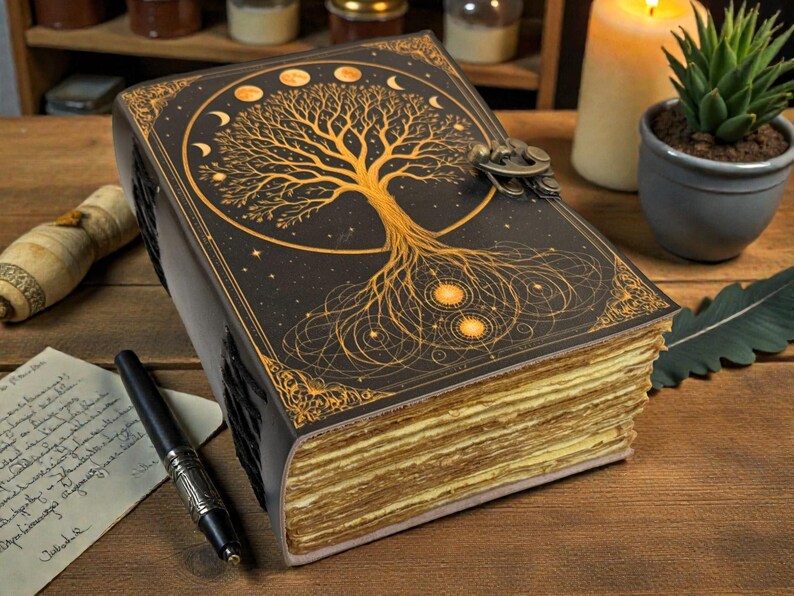 May include: A large, leather-bound journal with a detailed gold tree of life design on the cover. The cover is black with gold accents and a metal clasp. The pages are aged and textured. A pen and paper are next to the journal.