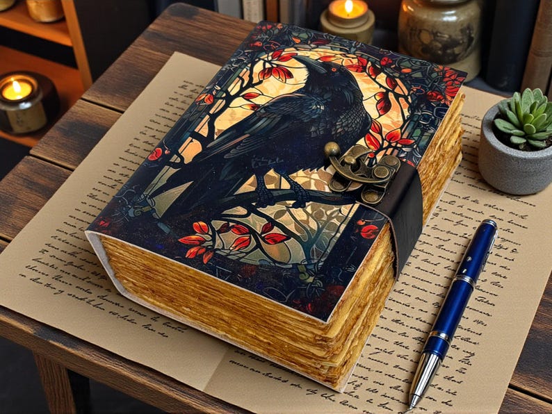 May include: A decorative journal with a raven illustration on the cover. The cover features a black raven perched on a branch with red and orange leaves. The journal has a leather strap closure and aged-looking pages. A blue pen rests on the paper next to the journal.