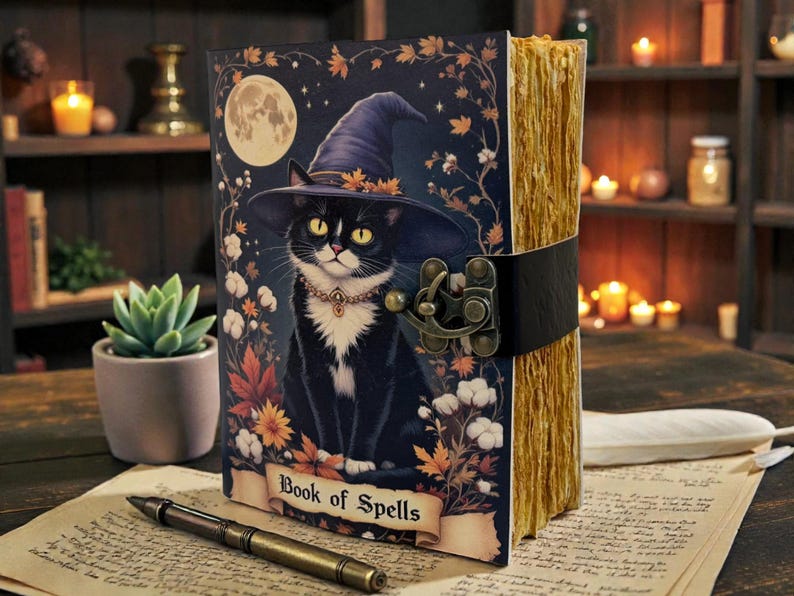 May include: A decorative journal with a black cat wearing a witch hat on the cover, the words "Book of Spells" are printed on a banner. The journal has a black leather strap and clasp. The pages have a golden hue.