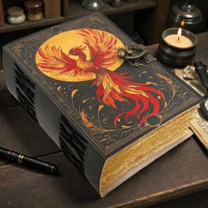 Peut inclure: Un grand journal de style antique avec une illustration de ph&eacute;nix sur la couverture. La couverture est noire avec des accents dor&eacute;s et un fermoir en laiton. Les pages ont une teinte dor&eacute;e, et un stylo et une boussole sont &agrave; proximit&eacute;.