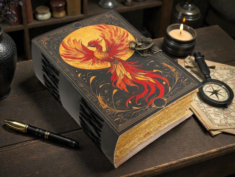Peut inclure: Un grand journal de style antique avec une illustration de ph&eacute;nix sur la couverture. La couverture est noire avec des accents dor&eacute;s et un fermoir en laiton. Les pages ont une teinte dor&eacute;e, et un stylo et une boussole sont &agrave; proximit&eacute;.
