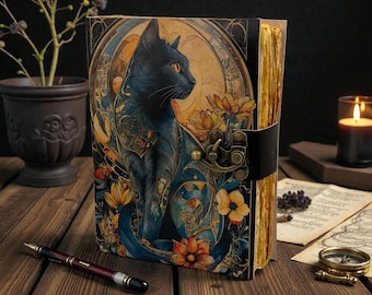 Black Cat Leather Handbound Goth Journal – Book of Shadow Pagan Blank Spell Notebook, Magic diary