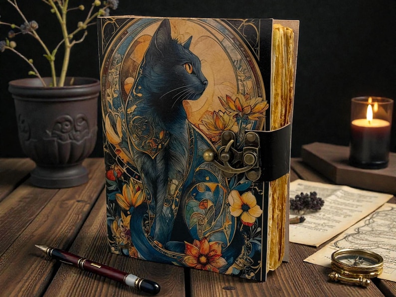 May include: A decorative journal with a black cat illustration. The cover features a detailed design with a black cat, flowers, and ornate patterns in shades of blue, gold, and orange. The journal has a leather strap closure and aged-looking pages.