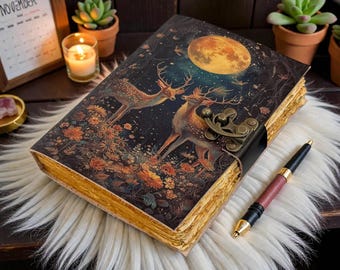 Vintage Deer Leather Notebook with Lock – Celestial Moon Journal, Witchy, Handmade Deckle edge paper