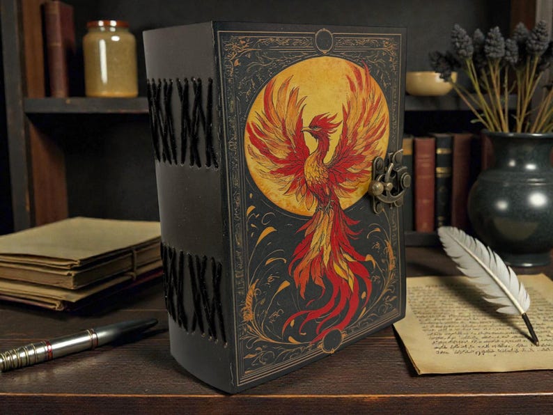 Peut inclure: Un journal en cuir noir avec une illustration de ph&eacute;nix. La couverture pr&eacute;sente un ph&eacute;nix rouge, orange et jaune vif sur un fond de lune jaune. Le journal a un fermoir en m&eacute;tal et des coutures d&eacute;coratives le long du dos. Un stylo et une plume sont sur la surface en bois.