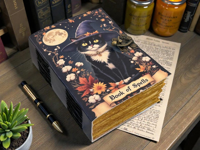 May include: A decorative book titled "Book of Spells" featuring a black cat wearing a witch hat, surrounded by autumn leaves and a full moon. The book has aged-looking pages and a clasp.