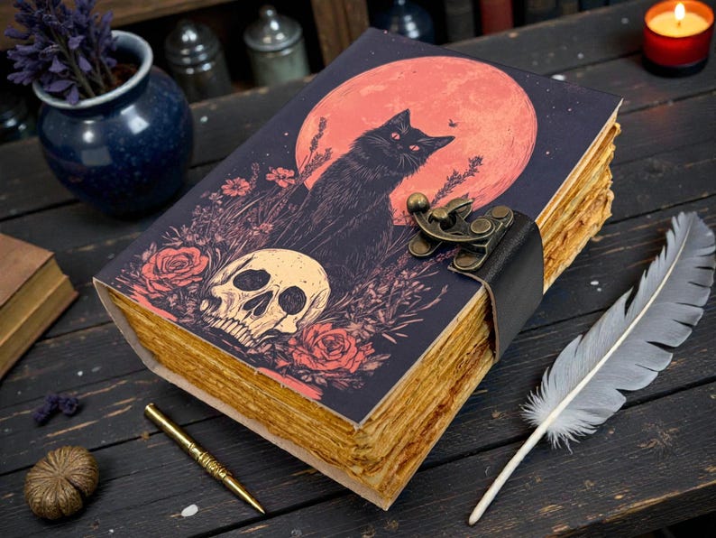 K&ouml;nnte beinhalten: Ein dekoratives Notizbuch mit einer Illustration einer schwarzen Katze auf dem Cover, mit einem Totenkopf und Rosen. Das Notizbuch hat einen Lederriemenverschluss und alt aussehende Seiten. Eine Feder und ein Stift liegen neben dem Notizbuch.