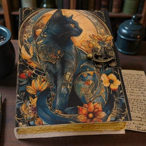 May include: A decorative journal with a black cat illustration. The cover features a detailed design with a black cat, flowers, and ornate patterns in shades of blue, gold, and orange. The journal has a metal clasp and gold-edged pages.
