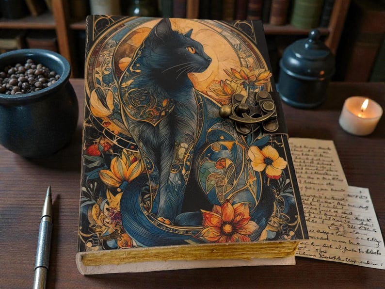 May include: A decorative journal with a black cat illustration. The cover features a detailed design with a black cat, flowers, and ornate patterns in shades of blue, gold, and orange. The journal has a metal clasp and gold-edged pages.