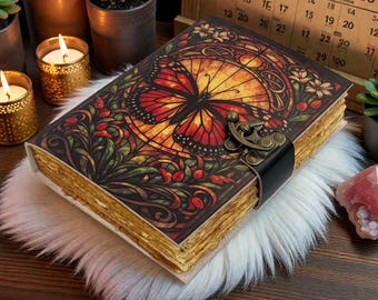 Journal papillon fait main en cuir avec cadenas - carnet vintage, journal païen wicca, cadeaux célestes pour elle et lui