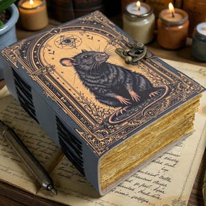 May include: A decorative book with a rat illustration on the cover. The cover is dark gray with gold accents and a metal clasp. The aged pages are visible, and the book is surrounded by candles and writing implements.