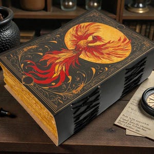 Peut inclure: Un grand livre de style antique avec une couverture noire orn&eacute;e d'une illustration de ph&eacute;nix vibrante en rouge, orange et jaune sur un soleil dor&eacute;. Les pages du livre sont dor&eacute;es et la reliure est cousue &agrave; la main. Une boussole et d'autres objets sont &agrave; proximit&eacute;.