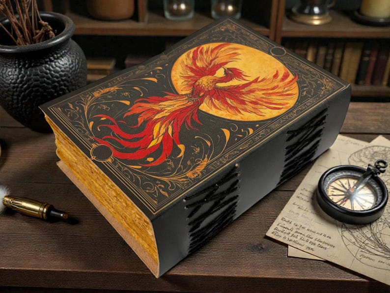 Peut inclure: Un grand livre de style antique avec une couverture noire orn&eacute;e d'une illustration de ph&eacute;nix vibrante en rouge, orange et jaune sur un soleil dor&eacute;. Les pages du livre sont dor&eacute;es et la reliure est cousue &agrave; la main. Une boussole et d'autres objets sont &agrave; proximit&eacute;.