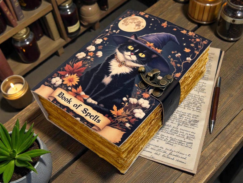 May include: A decorative book titled "Book of Spells" featuring a black and white cat wearing a witch hat. The book has a dark blue cover with floral and moon illustrations, a leather clasp, and aged-looking pages.
