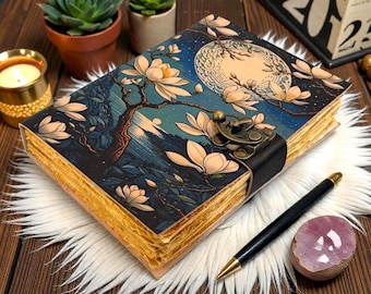 Moon Floral Leather Journal with Lock – Handmade flower Vintage Magnolia Notebook, Celestial Diary, journal for Gift