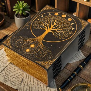 May include: A large, antique-style book with a black cover featuring a gold tree of life design, moon phases, and stars. The pages have a gold gilded edge. The book is on a wooden surface with a pen and papers.