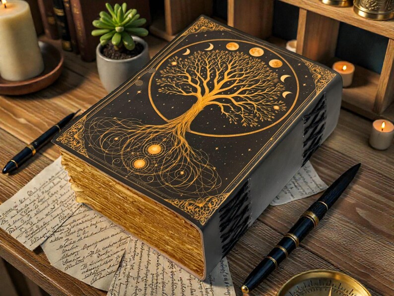 May include: A large, antique-style book with a black cover featuring a gold tree of life design, moon phases, and stars. The pages have a gold gilded edge. The book is on a wooden surface with a pen and papers.