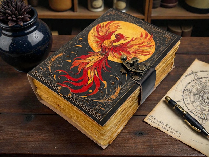 Peut inclure: Un journal de style vintage avec une couverture noire orn&eacute;e d'un ph&eacute;nix rouge et jaune vif sur fond de lune jaune. Le journal est dot&eacute; d'une fermeture &agrave; lani&egrave;re en cuir et de pages en papier vieilli.