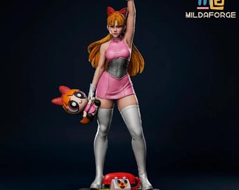 May include: A detailed figurine of Blossom from The Powerpuff Girls. She is wearing a pink dress, white gloves, and boots, with a red bow in her hair. She holds a doll of herself and stands on a base with a red telephone.
