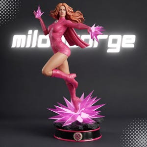 May include: A collectible figurine of a character with long auburn hair wearing a pink bodysuit, cape, and matching boots. The figure is posed mid-air above a base of jagged, glowing pink crystals. The text "milo forge" appears in white behind the figure.