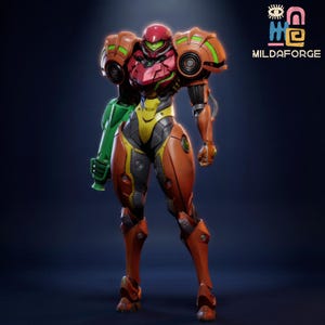 Könnte beinhalten: Detaillierte 3D-Darstellung einer futuristischen gepanzerten Figur. Die Figur ist überwiegend orange, mit Akzenten in Rot, Gelb, Grün und Grau. Der Helm ist rot, und die Figur hält eine grüne Waffe. Der Text "MILDAFORGE" ist sichtbar.